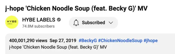 BTS's J-Hope en Becky G's 'Chicken Noodle Soup' MV overtreft 400 miljoen views